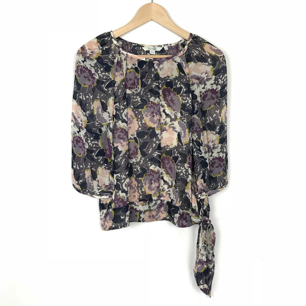 Boden semi sheer purple floral blouse tie waist